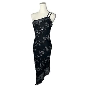 Vintage Scala Black 100% Silk Floral Beaded One Shoulder Asymmetrical Dress